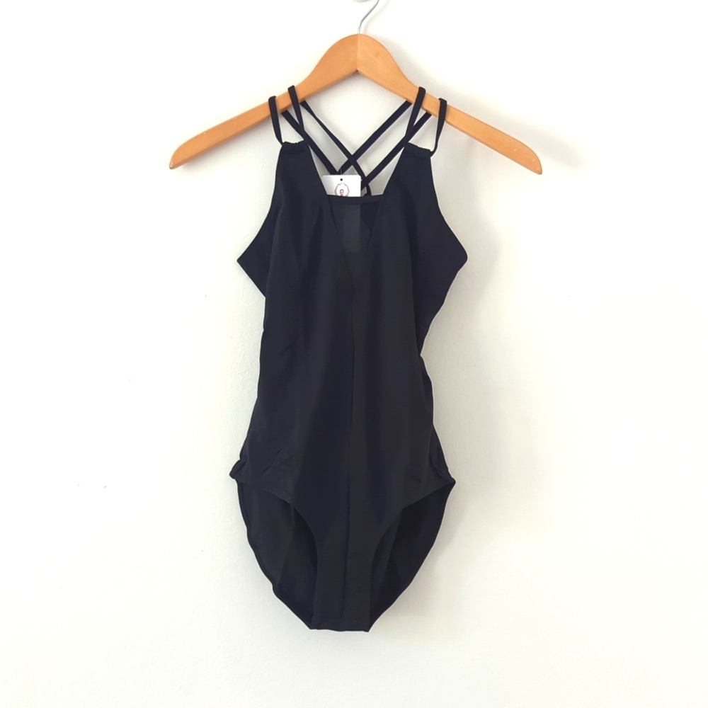 (3) NWT New Black Mesh Lace Halter Leotard Dance Gymnastics Bodysuit Sz Medium - Picture 9 of 12